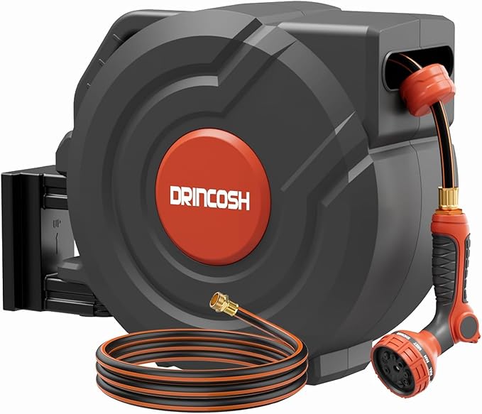 Retractable Garden Hose Reel 100 ft 1/2 inch Automatic Rewind with Any-Length Lock Water Hose 9 Pattern Sprayer Nozzle 180° Swivel Wall-Mounted Hose Reel for Home Yards