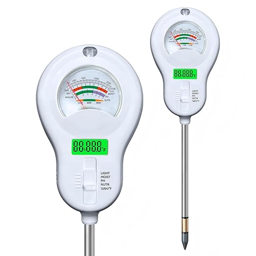 Soil Tester 6-in-1 Soil Moisture Meter Sunlight/Moisture/Fertility/PH/Environment Temperature/Environment Humidity,Backlight LCD Display for Gardener,Lawn, Farming,Plant Care,Potting Soil Growing