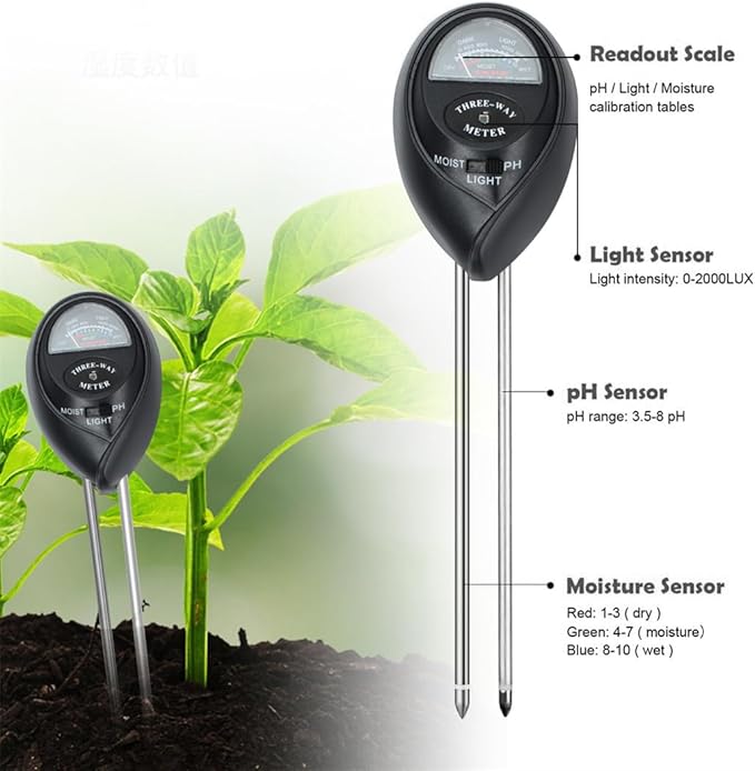 Soil Moisture Meter 3-in-1 Plant Moisture Light PH Tester Soil Hygrometer Sensor Care Soil Tester for Garden Farm Indoor Outdoor