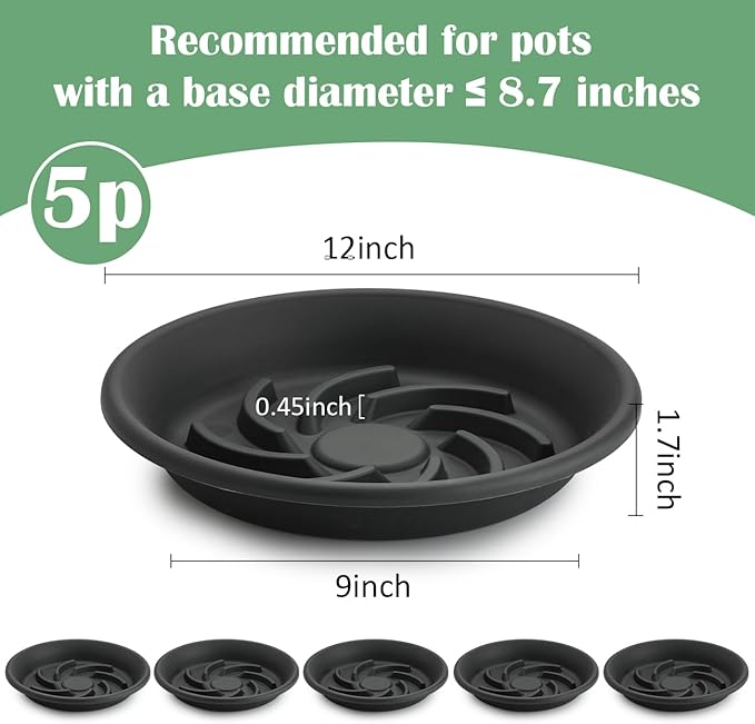 BTPLASTIK Plant Saucer 12 inch 5 Pack, Pot Elevators for Inside Plants, Heavy Duty Flower Planter Drip Trays for Pots, Pot Saucers for Plants, Grow Bags Saucers Gray