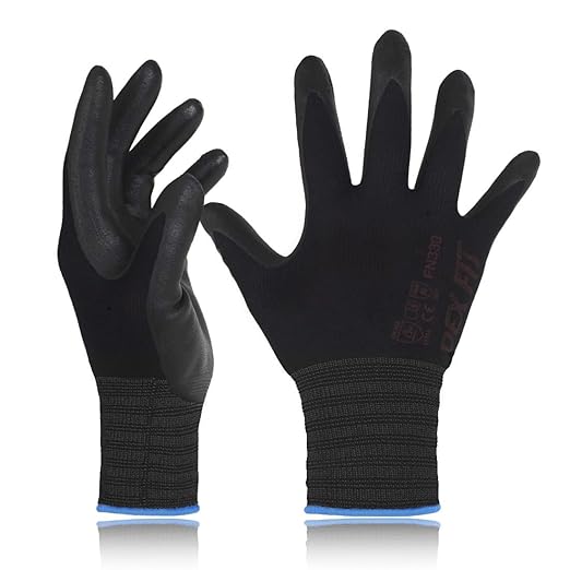 DEX FIT Nitrile Work Gloves FN330, 3D-Comfort Stretchy Fit, Firm Grip, Thin & Lightweight, Touch-Screen Compatible, Durable, Breathable & Cool, Machine Washable; Black L (9) 3 Pairs