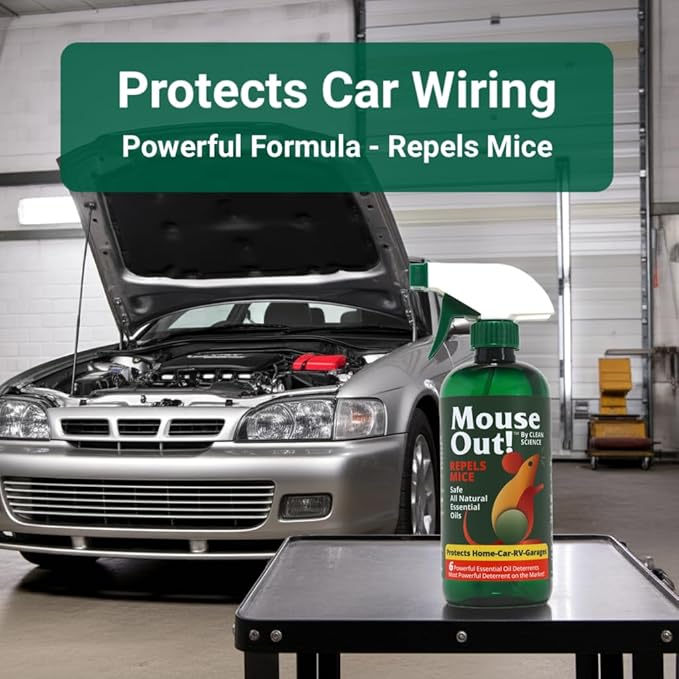 Mouse Out! All-Natural Rodent Repellent Spray – 16oz Essential Oil Formula – Protects Car Wiring & Stops Mice in Kitchens, Homes, RVs, and Garages – Safe for Pets & Kids