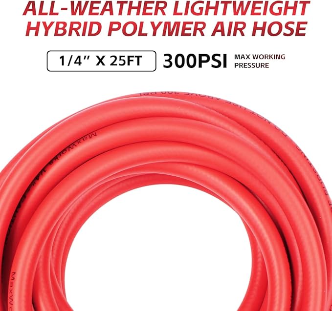 MaxWorks 80784 1/4" x 25ft Hybrid Polymer Air Hose – 300 PSI Maximum Working Pressure, All-Weather Flexibility, Lightweight, Non-Kinking, No-Memory Hose with Solid Brass Fittings