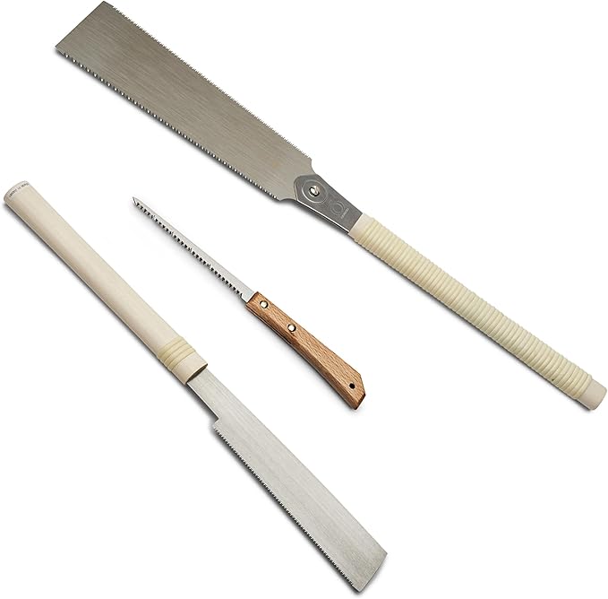 Kings County Tools Japanese Saw 3-Piece Set - 9.5" Ryoba, 6" Flush Cut, and 7" Detail Trim Hand Saw Set with Carbon Steel Blades - Woodworking Tools for DIY Carpentry or Garden Trimming