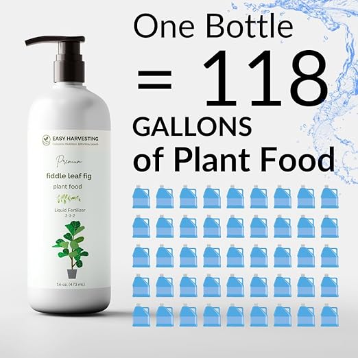 Fiddle Leaf Fig Fertilizer by Easy Harvesting – Premium 3-1-2 Liquid Plant Food | One Bottle Makes 118 Gallons | Pet Safe, Gentle Formula for Indoor Houseplants (16oz Pump Bottle)