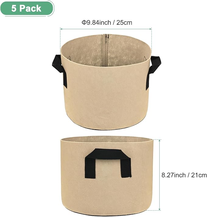 M METERXITY 5-Pack Plant Grow Bags 3 Gallon Grow Bags 300G Thickened Fabric Pots with Durable Handles Plant Garden Grow Pots for Fruits/Vegetables/Flowers/Plants [Khaki]