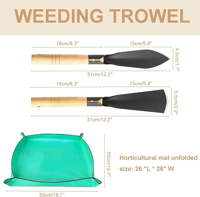 3Pcs Garden Hand Trowel Plant Repotting Mat, Heavy Duty Polished Steel Garden Shovels with Wood Handle, Small Gardening Hand Tools for Digging, Planting, Measure, Transplanting
