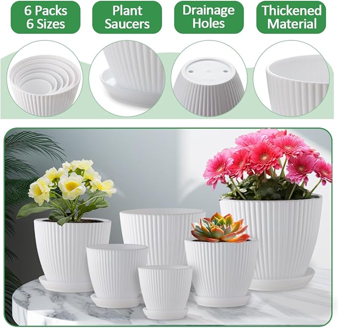 RooTrimmer 7.5/6.5/5.5/4.9/4.2/3.5 Inch Plant Pots with Drainage Holes and Saucer, Plastic Flower Pots for Indoor Plants, Lightweight Planter Pots for Plants, White