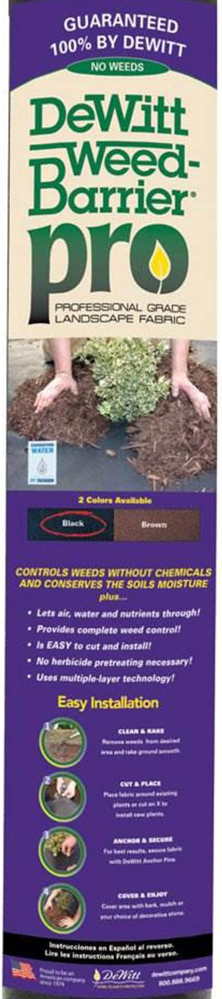 DeWitt 30 Year Professional Weed Control Fabric, 3 oz, Black, 4' x 100' - Heavy-Duty, Tear-Resistant Landscape Barrier for Gardens, Pathways & Hardscaping, Water & Nutrient Permeable