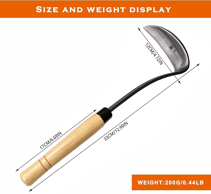 Grass Sickle Japanese Weeding Hoe Garden Hand Tool Weeding Tools for Garden High-Strength Steel with Solid Wood Handle (Grey)