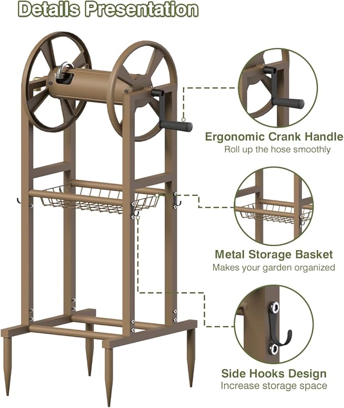 Freestanding Garden Hose Reel holds 125ft Hose of 5/8" with 4 Hooks, 4-Spike Outdoor Hose Holder with 3.9ft Leader Hose & Brass Fitting, Detachable Metal Hose Stand with Storage Rack, Brown