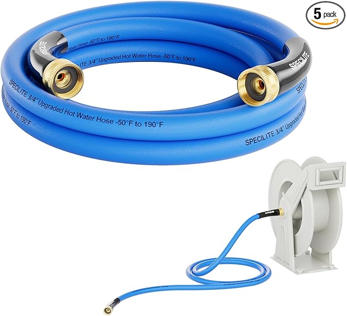 SPECILITE Female to Female Hot/Cold Garden Water Hose 5 ft x 3/4 Inch for Hose Reel, -50℉To 190℉, Heavy Duty, Flexible, Burst 605 Psi, Rubber Extension Pipe with 3/4" Brass Fittings