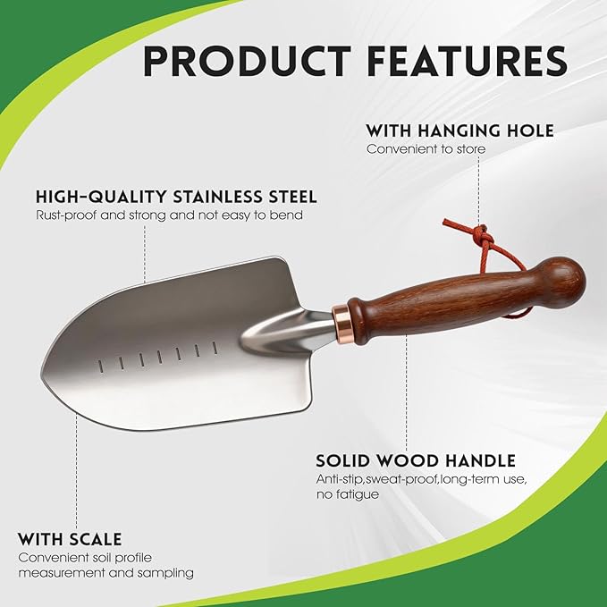 Gardening Tools, 4 Pack Garden Tool Set with Wooden Handles Hand Tools with Transplanting Hand Shovel, Rake and Root Picker Ideal for Digging and Planting