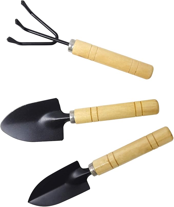 Honbay 5PCS Mini Garden Tool Hand Planting Tools Small Shovel Rake Spade with Wood Handle Plastic Dig Seedling Tool Hole Puncher for Pot Planting Transplanting and Digging