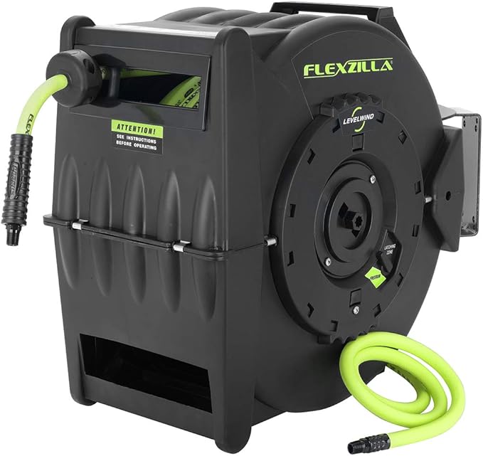 Flexzilla Pro Levelwind Retractable Air Hose Reel, 3/8 in. x 50 ft., Heavy Duty, Lightweight, Hybrid, ZillaGreen - L8305FZ