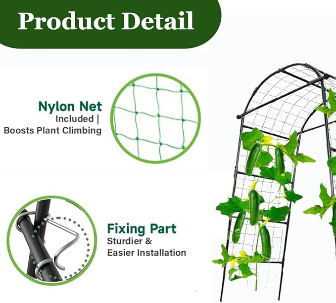 7FT Tall Garden Arch Trellis for Climbing Plants Outdoor Cucumber Trelli for Raised Bed, Metal Trellis Support with Net for Vegetables Tomato Zucchini Squash Beans Peas Melons, Rose Flowers,Vines