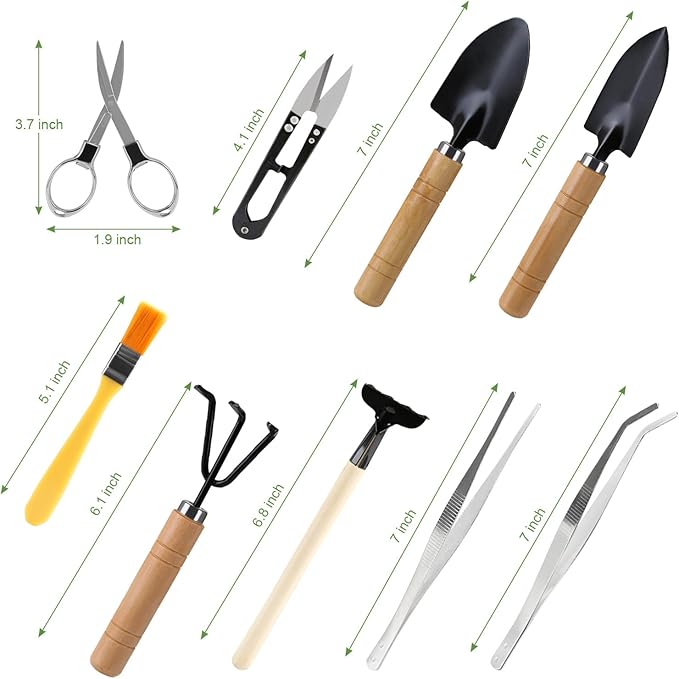 9PCS Basic Bonsai Tools Set, Bonsai Tree Kit Mini Garden Tools Includes Pruning Shears, Mini Rake, Fold Scissors and More