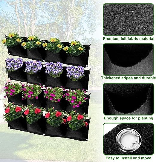 AYNEFY 4Pcs 4 Pocket Hanging Planter Bags, Wall Mounted Reusable Degradable Felt Garden Planter Plant Grow Bag Outdoor Indoor Gardening Vertical Greening Flower Container, Planting Bags (Black)