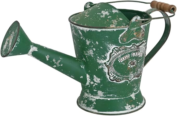 Vintage Metal Watering Can with Wooden Handle, Watering Can for Indoor/Outdoor Plants, Shabby Chic Decor for Home Balcony Courtyard Garden Green