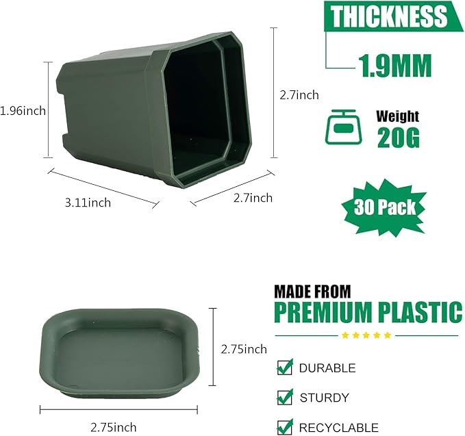 foxany 3" Plants Nursery Pot, 30 Pcs Thick Plastic Square Planting Pots, Plant Seedling Pots, Seed Starting Pots with 30 Saucers - Black-Green
