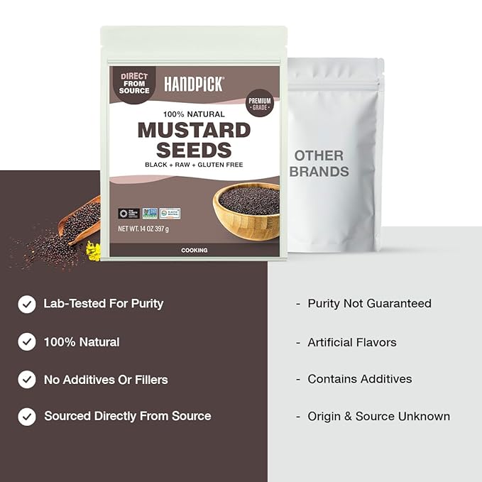 HANDPICK Culinary Black Mustard Seeds (397g/14oz), Gluten free, 100% Raw, Sourced from India, Packed in Resealable Zip Lock Pouch | All Natural - Easy to Use