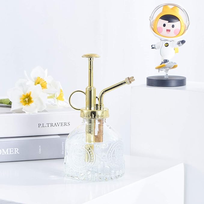 Glass Plant Mister Spray Bottle, Vintage Succulent Water Sprayer with Golden Top Pump, Small Sprayer Mister for Indoor Outdoor House Plants - Clear