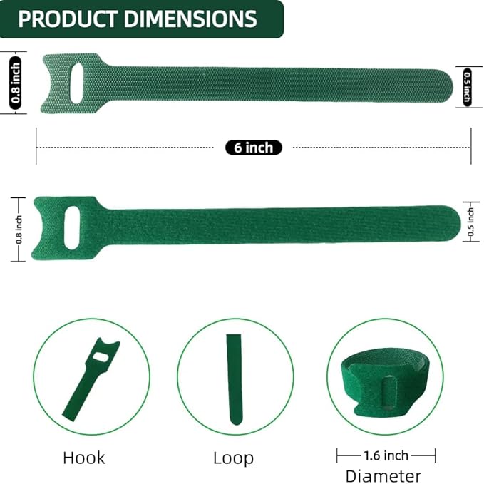 Green, Reusable, 100PCS, 6 - Inch Adjustable Anti - Slip Nylon Plant Ties & Straps Featuring Hook and Loop Fasteners - Optimal for Climbing Plants Support and Christmas Garland Ties