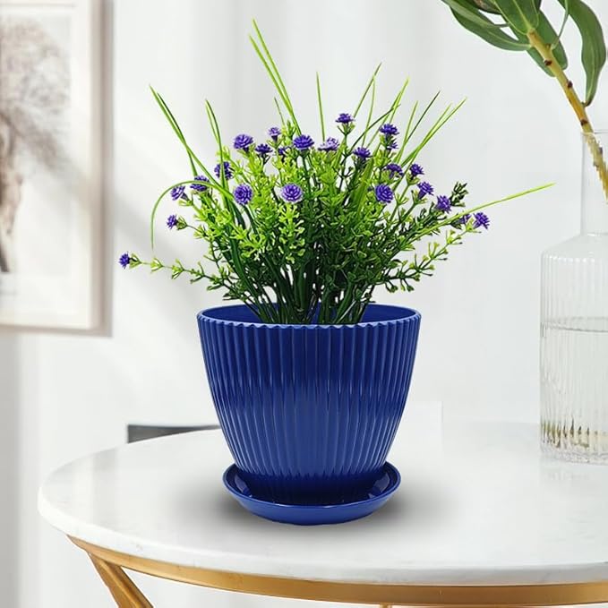 RooTrimmer 7.5/6.5/5.5/4.9/4.2/3.5 Inch Plant Pots with Saucers & Drain Holes - Indoor/Outdoor Flower Pots for Succulents, Herbs, Cactus - Modern Lightweight Durable Planter Set, Blue