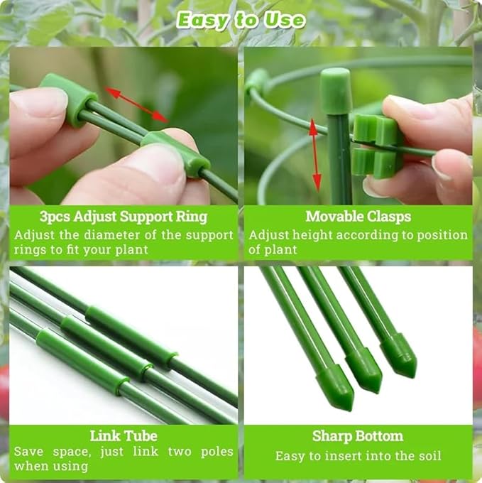 Tomato Cage Plant Support with Adjustable Rings, Orchid Stakes with Clips, Garden Trellis for Climbing Plants, Flower, Veggie, Includes Plant Ties & Clips (3 Pack, 18 Inches)