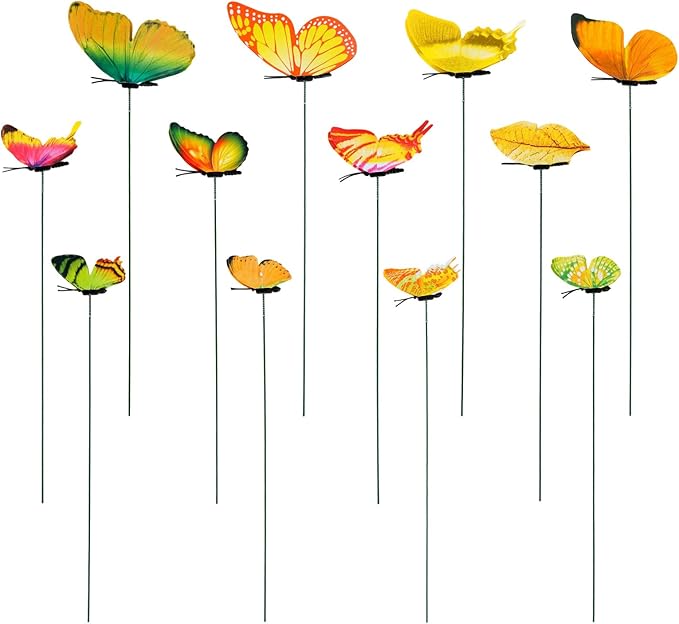 12pcs Decorative Butterfly Plant Stakes, 9.8in Lifelike Butterfly Garden Stakes PVC Waterproof Flower Pot Decorations for Garden Lawn Patio Indoor Outdoor Yard Planter Art Decor (Yellow)