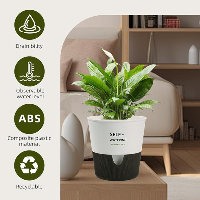 Flower and Plant Pot, Self Watering Plastic Plants Planter with Drainage Holes and Saucers, Modern Outdoor Indoor Decorative Flower Pot for Plants, Flowers, Herbs, Succulents (White, 7.5 inch)