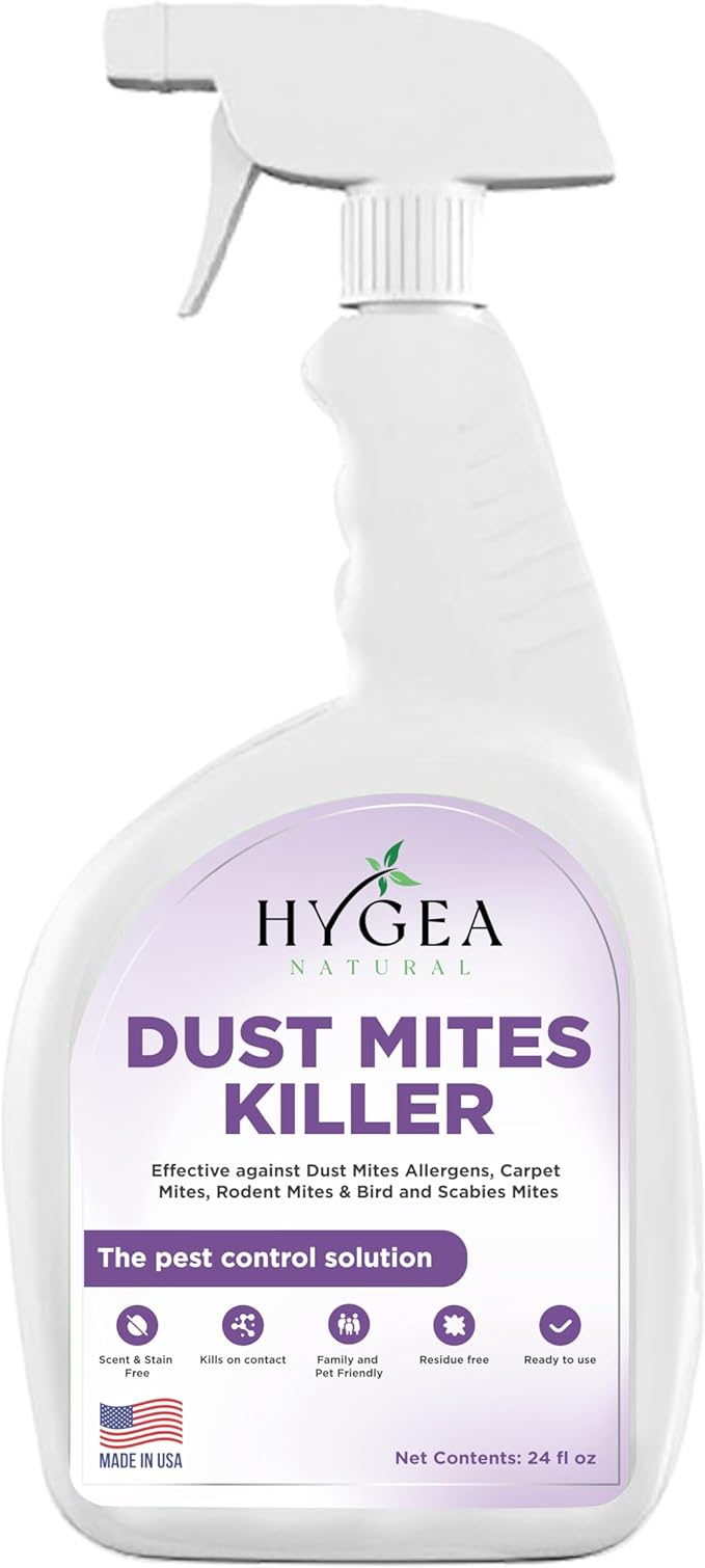Hygea Natural Dust Mite Spray - Eliminates Dust Mites, Carpet Mites, Rodent Mites, Bird & Scabies Mites - Pet & Child Friendly - 24oz (unscented)