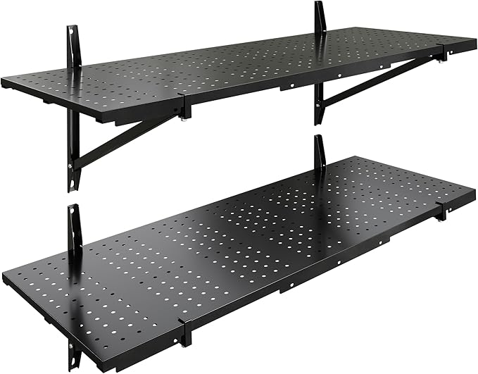 FLEXIMOUNTS 2-Pack 1x3ft Garage Shelving 14-inch-by-34-inch Perforated Wall Shelf, Heavy Duty Garage Storage Rack with 700 lbs Load Capacity, Wall Mounted Organization System for Tools, Heavy Bins