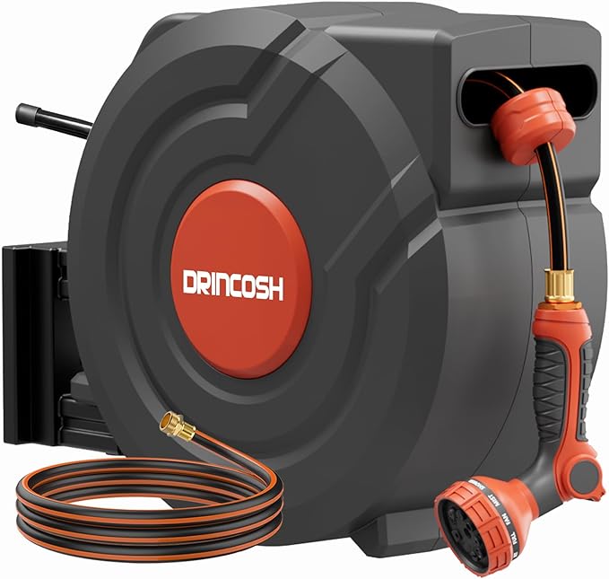 Retractable Garden Hose 155 ft x 1/2 inch Heavy Duty Wall-Mounted Hose Reels 180° Swivel Automatic Slow Return Any Length Lock 9 Pattern Nozzle UV Resistant