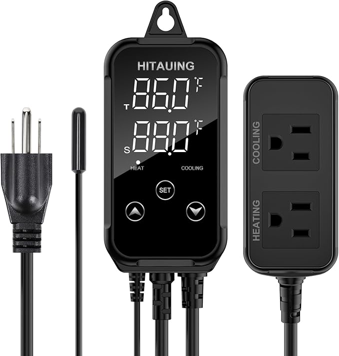 HiTauing Digital Temperature Controller, Aquarium Heater Reptile Thermostat Heating and Cooling Dual Outlet with Seawater-Resistant Probe for Fish Tanks, Reptile Tanks, Greenhouse & Seedling Mat