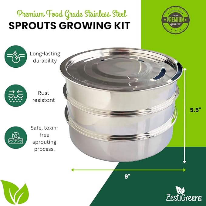 ZESTIGREENS Stainless Steel Seed Sprouter Kit - Stackable 3-Tier Seed Sprouting Germination Tray Seed Sprout Grower Maker with Lid for Growing Broccoli Alfalfa Mung Beans