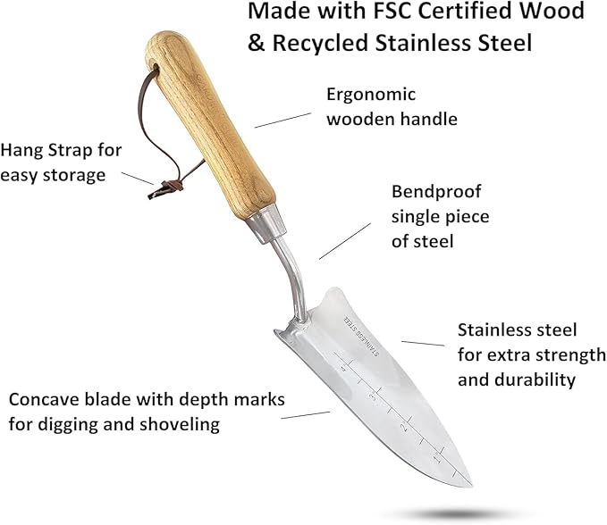 Garden Guru Eco Transplanter Trowel Shovel- 100% Recycled Stainless Steel - Rust Resistant - FSC Certified Wood Ergonomic Handle - Perfect Tool for Gardening Weeding Transplanting Digging (2 Pack)