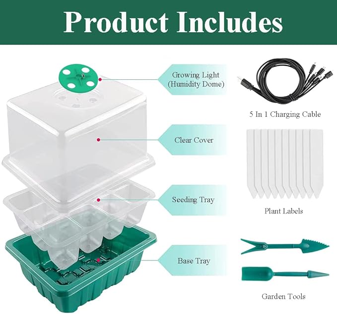 Seed Starter Tray Seedling Kits with Grow Light, 3-Pack Plant Germination Set with Adjustable Humidity Dome and Base Greenhouse Grow Trays for Seeds Growing Starting (12 Cells per Tray)