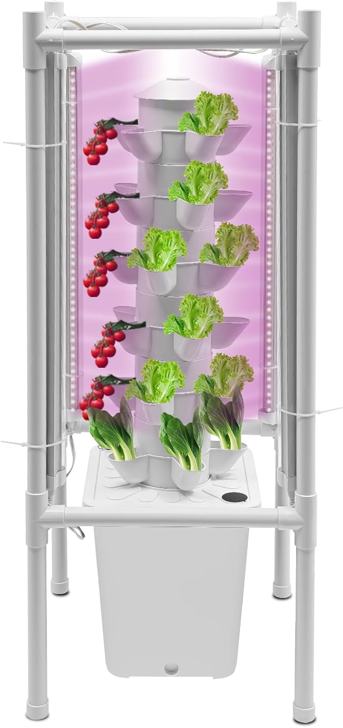 Hydroponic Growing System, 30-Plant Vertical Gardening System with 4 LED Grow Lights, 6-Layer Tower, Hydroponic System for Herbs, Fruits and Vegetable (No Seedlings Included) (White)