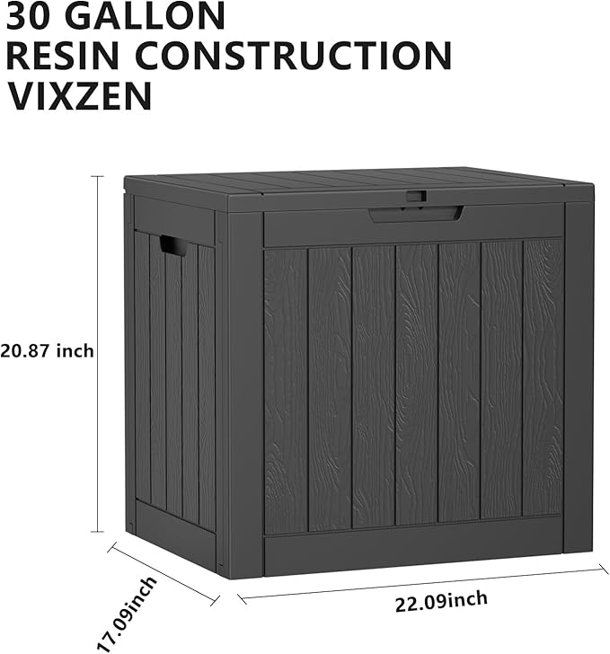 Vixzen 30 Gallon Resin Deck Box, Lockable Outdoor Storage Box for Patio Cushions Storage Furniture,Garden Tools, Pool Supplies, Weatherproof and UV Resistant（Black，30 Gallon）