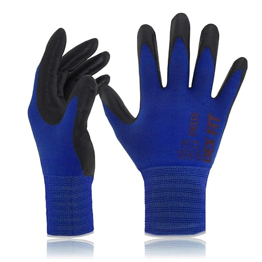 DEX FIT Nitrile Work Gloves FN330, 3D-Comfort Stretchy Fit, Firm Grip, Thin & Lightweight, Touch-Screen Compatible, Durable, Breathable & Cool, Machine Washable; Blue S (7)