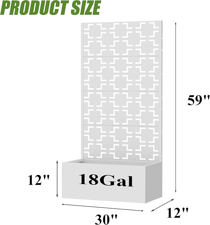 Casaphoria Metal Raised Garden Bed with Trellis, 59"x30"x12" Planter Box for Climbing Plants, Vegetables & Vines, Features Drainage Holes and Privacy Screen, White-Square