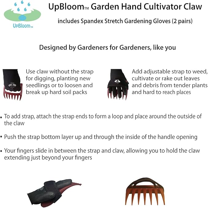 UpBloom - Garden Hand Cultivator Includes 2 Pairs of Spandex Gardening Gloves - ergonomically Designed to rake, dig, Weed, Plant, Aerate and Cultivate Vegetable and Flower beds (Large)