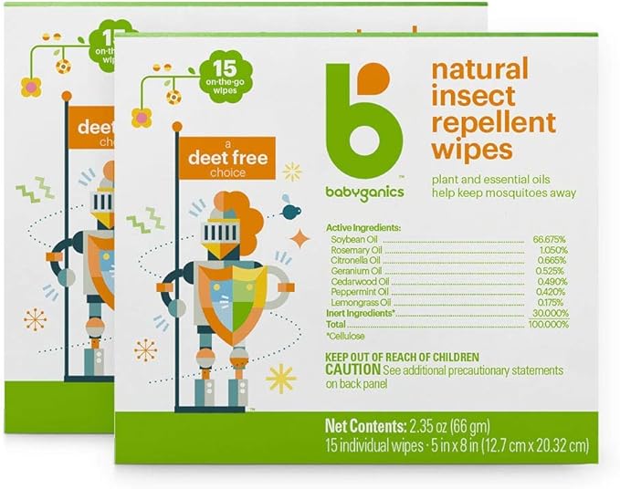 Babyganics DEET Free Travel Size Insect Repellant Wipes | 30 Wipes (2 Packs of 15)