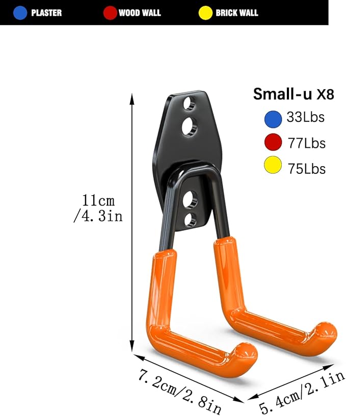 3-H Garage Wall Hooks Heavy Duty 8 Pack, Anti-Slip Steel Wall Mount Storage Hooks for Hanging Ladder Garden Yard Tools, Utility Organizer for Garage Lawn Shed(Orange)