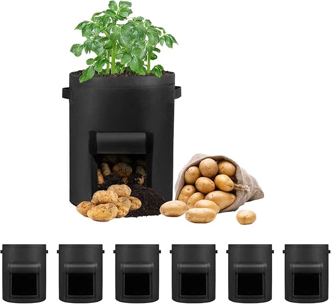 LITLANDSTAR 6 Pack 7 Gallon Potato Grow Bags, Heavy Duty Nonwoven Fabric Garden Planting Bag Plant Container with Flap and Handles, Aeration Fabric Pots for Growing Vegetable, Fruits and Flowers