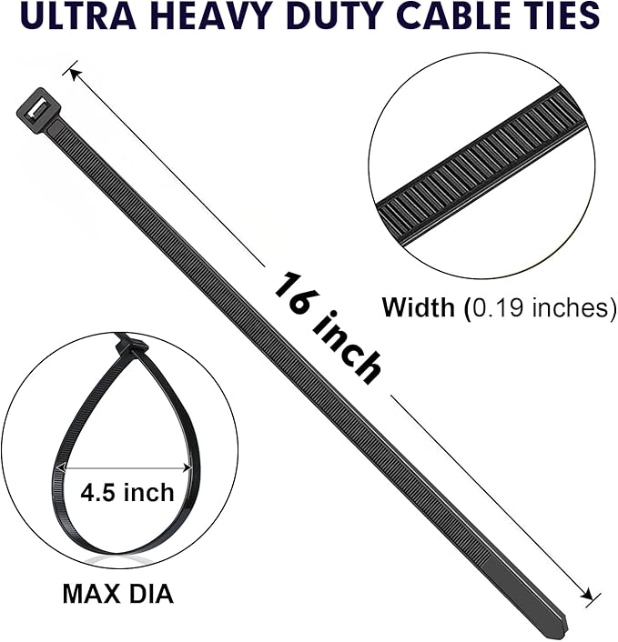 Zip Ties, RAZCC 1200pcs Black Cable Zip Ties 16 Inch, Heavy Duty Plastic Wire Ties with 50lb Tensile Strength, Self-Locking Black Nylon Tie Wraps for Indoor and Outdoor