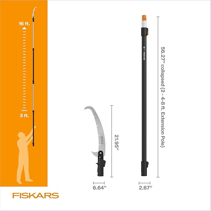 Fiskars XtendControl 16' Tree Pruner with 15" X3 Double-Hooked Saw, Two 4-8 Ft Extension Pole, Lightweight Aluminum Pole Saw for Fast Cutting with Sawdust Reliefs, Secure Locking System, Orange