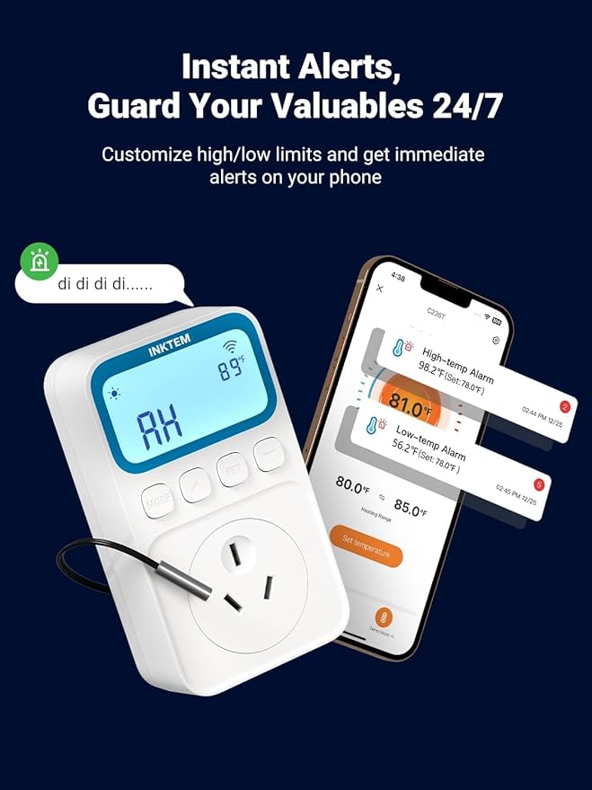 WiFi Plug in Thermostat Outlet, Temperature Controlled Outlet Space Heater, Duration Timer & Smart Memory Digital Temp Controller -40~212℉, IP67 Waterproof Probe for Incubator Homebrew Reptile