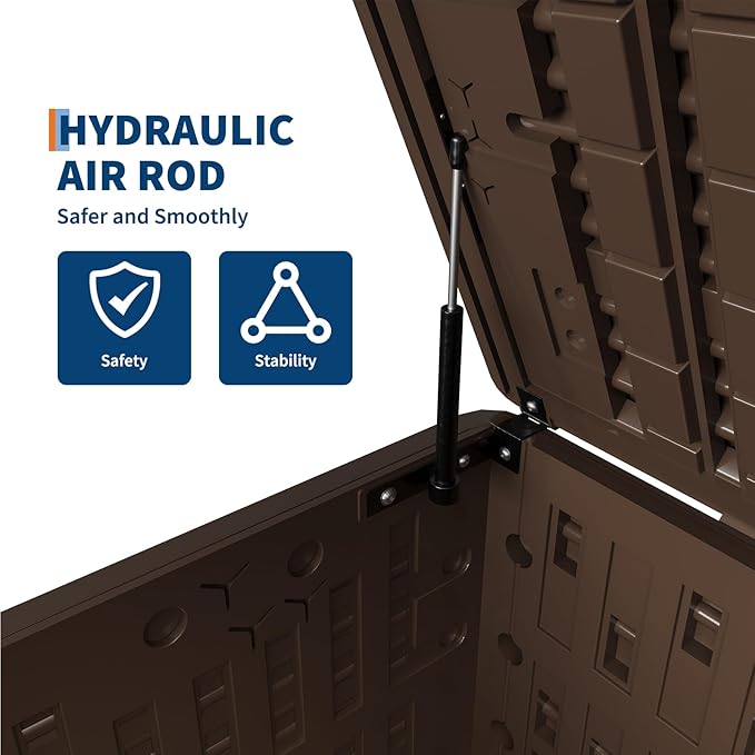 GarveeLife 120 Gallon Outdoor Storage Box, Large Resin Deck Box with Hydraulic Air Rod, Weatherproof & Lockable Outdoor Storage Bin for Patio Cushions, Garden Tools, Pool Supplies, Porch, Brown